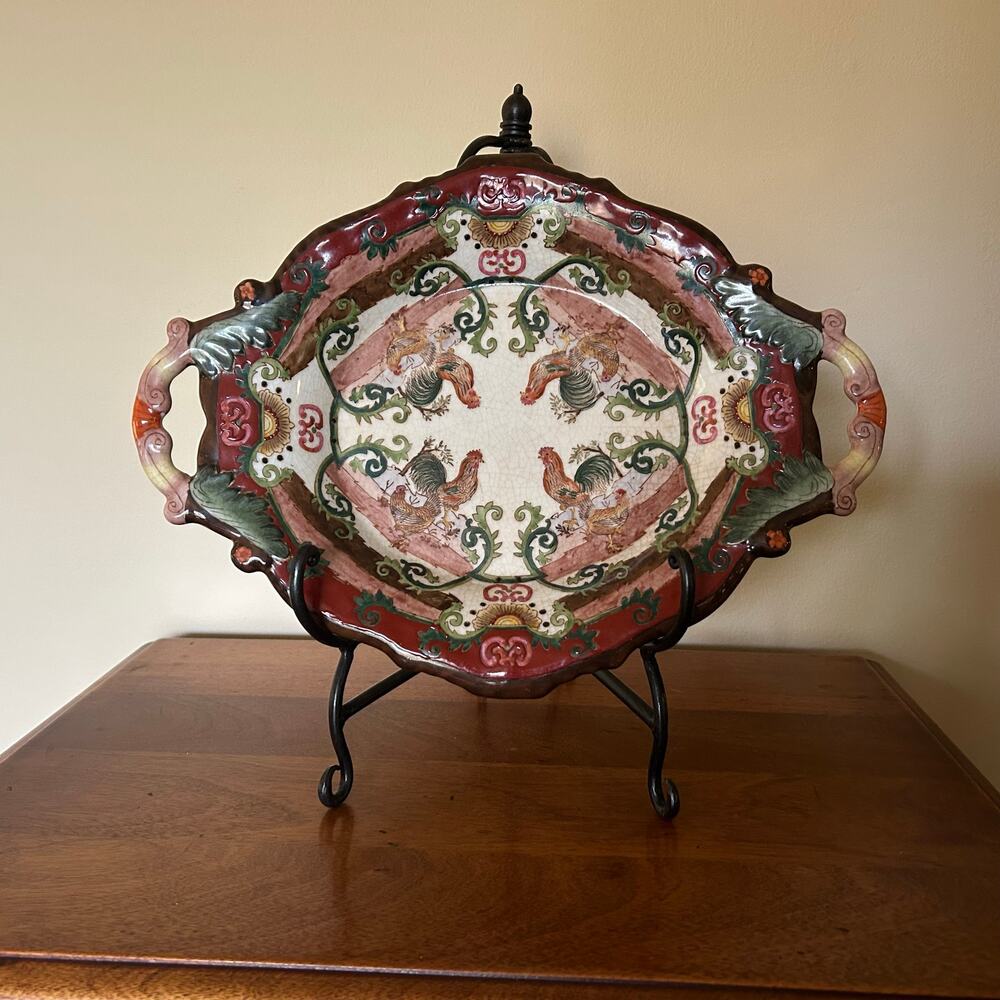 Vintage Chinese Huarong Tang Zhi Rooster Decorative Platter/Tray